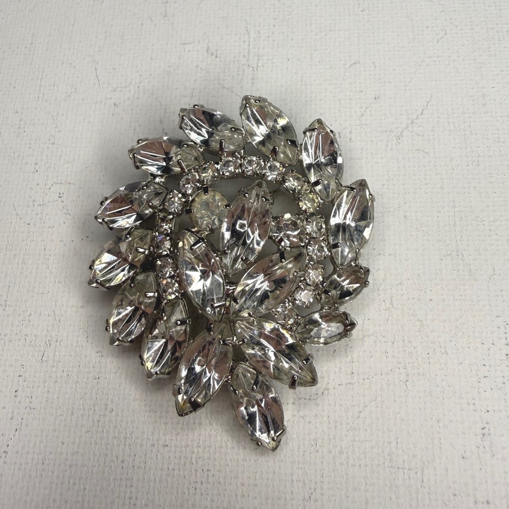 Vintage Mid Century Silver Tone Ice Brooch Clear Marquise & Round Rhinestones